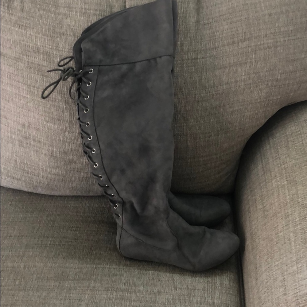 Grey knee high boots